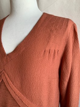 Womens, 1920s Vintage, Piece 2, MTO, Burnt Orange, Rayon, Solid, B 34, Top, Crepe, V-neck, Long Sleeves, Snaps at Rounded Sleeve Hem, Graduated Horizontal Pleats, 2 Curved Pleats From Under V-neck, Hip Length, 4 Small Pleats at Each Shoulder