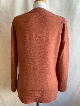 Womens, 1920s Vintage, Piece 2, MTO, Burnt Orange, Rayon, Solid, B 34, Top, Crepe, V-neck, Long Sleeves, Snaps at Rounded Sleeve Hem, Graduated Horizontal Pleats, 2 Curved Pleats From Under V-neck, Hip Length, 4 Small Pleats at Each Shoulder