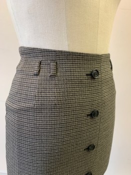 H&M, Tobacco Brown, Black, Gray, Polyester, Viscose, Houndstooth, Pencil Skirt, Fitted, Knee Length, Buttons Vertically at CF, with Open Vent at Hem, Small Belt Loops at Waist, 1 Welt Pocket in Back, CB Zipper