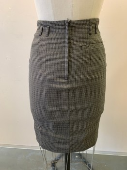 H&M, Tobacco Brown, Black, Gray, Polyester, Viscose, Houndstooth, Pencil Skirt, Fitted, Knee Length, Buttons Vertically at CF, with Open Vent at Hem, Small Belt Loops at Waist, 1 Welt Pocket in Back, CB Zipper
