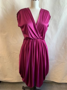 Womens, Dress, MTO, Magenta Purple, Polyester, Solid, W28, B38, V-N, Slvls, Elastic Waistband, Gathered Shoulders, Pleated, *Small Tear at Waistband*