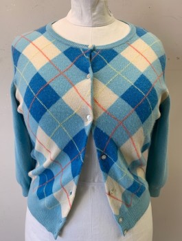 Womens, Cardigan Sweater, ALFANI, Baby Blue, Cream, Sky Blue, Orange, Yellow, Cashmere, Argyle, XL, Knit, Patterned Front, Solid Back/Sleeves, Long Sleeves, Button Front, Scoop Neck
