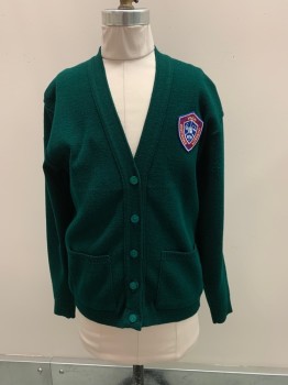 Childrens, Sweater, CARRAL, Dk Green, Wool, Solid, 16, V-N, Button Front, 2 Pockets, Red, White, And Blue Patch "Vision, Knowledge, Integrity"