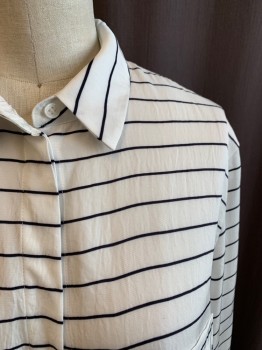 Womens, Blouse, CLUB MONACO, White, Black, Acetate, Stripes - Horizontal , XS, Button Front, Hidden Placket, 2 Pockets, Collar Attached, Long Sleeves, Button Cuff