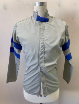 Unisex, Windbreaker, WEST COAST RACING CO, Gray, Nylon, C:38, Jockey Jacket, Contrasting Royal Blue Stripes On Sleeves And Bow At Neck, Velcro Closures, Stand Collar