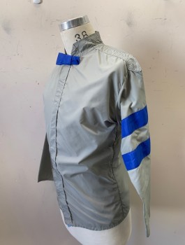 Unisex, Windbreaker, WEST COAST RACING CO, Gray, Nylon, C:38, Jockey Jacket, Contrasting Royal Blue Stripes On Sleeves And Bow At Neck, Velcro Closures, Stand Collar
