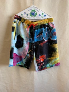Mens, Swim Trunks, TANGO HOTEL, Black, Multi-color, Polyester, Graphic, M, Elastic/Drawstring Waistband, 3 Pockets, Graffiti Graphics, ZOO In Blue Letters, Red, Magenta, Yellow, Light Blue, Green Colors