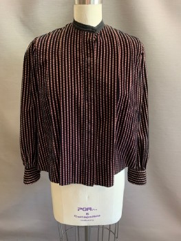 Womens, Blouse 1890s-1910s, MTO, Black, Red, Beige, Synthetic, Geometric, Stripes - Vertical , B: 34, Velvet Stripes, Collar Band, Snap Front, L/S, Gathered & Pleated At Lower Back