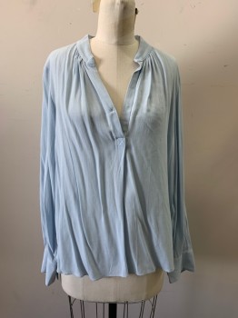 Womens, Blouse, ZADIG & VOLTAIRE, Baby Blue, Viscose, Solid, S, Band Collar, Half Placket, Long Sleeves, Gathered Neckline