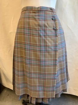 Womens, Skirt, MS POODLE, Khaki Brown, Lt Blue, Red, Black, White, Wool, Plaid, W:40, Wrap, Stitched Down Pleats in Back, 3 Covered Btns, Fabric Fringed Front Side Edge Of Fabric