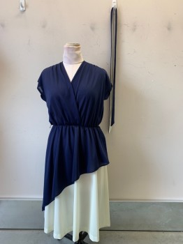 NO LABEL, Navy Blue, Off White, Polyester, Solid, S/S, V Neck, Crossover, Elastic Waist Band, Layered Highlow Skirt, with Matching Waistbelt