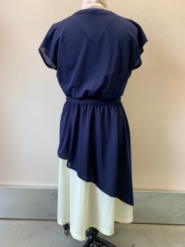 NO LABEL, Navy Blue, Off White, Polyester, Solid, S/S, V Neck, Crossover, Elastic Waist Band, Layered Highlow Skirt, with Matching Waistbelt