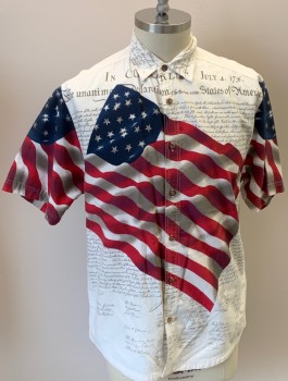 Mens, Casual Shirt, COTTON TRADERS SPORT, Red, Off White, Navy Blue, Lt Brown, Cotton, Americana, M, BD Collar, Button Front, S/S, American Flag And Constitution Written On It, Multiples