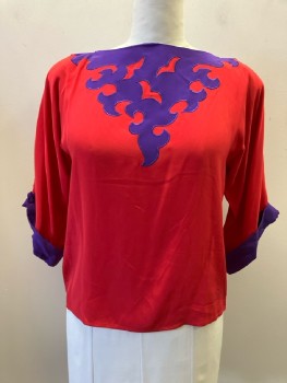 MISS O OSCAR DE LA R, Red with Purple Silk, Boat Neck, Shoulder Pads, 3/4 Slv with Folded Cuff