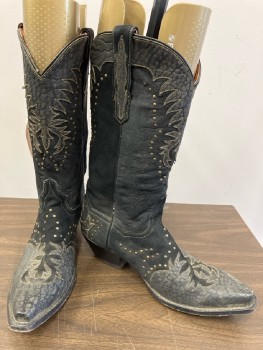 Womens, Cowboy Boots, DAN POST, 9, Black & Dk Gray Leather with Antique Brass Studded Detail, Pull On