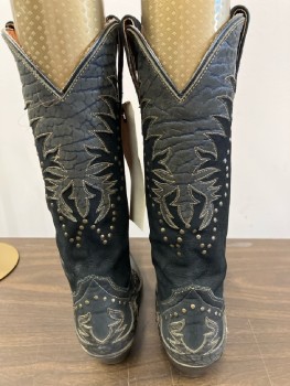 Womens, Cowboy Boots, DAN POST, 9, Black & Dk Gray Leather with Antique Brass Studded Detail, Pull On