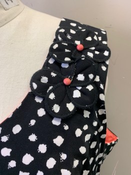 Womens, Dress, Sleeveless, ROBBIE BEE, Black, White, Cotton, Spandex, Dots, 24W, Scoop Neck, 2 Fabric Flowers with Pink Button Centers, Pink Grosgrain Ribbon Belt, Center Back Zipper,