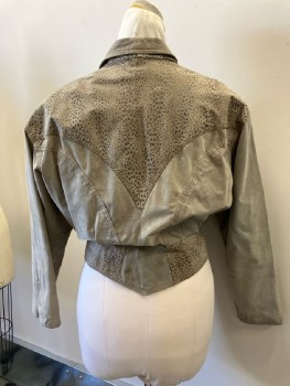 Womens, Jacket, CHIA, M, Dusty Brown Suede, DB.  Pointed Shawl Lapel, Leopard Embossed Rounded Shoulders/ Waistband & Pointed Back Yoke Shoulder Pads, L/S, 2 Pckts,