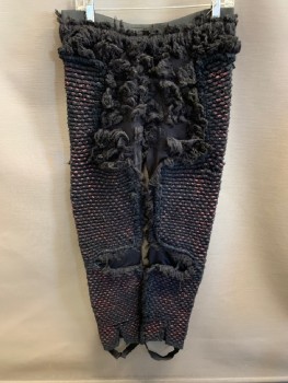 Mens, Sci-Fi/Fantasy Pants, N/L, Black, Wool, Cotton, Textured Fabric, 32, 32, Elastic Waist Band With Buttons , Rope Texture Detail  With Woven Red Iridescent Detail &black Fuzzy Clusters, Front & Back , Also Black Stir ups Attached