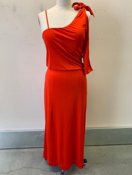 Womens, Evening Gown, ESTIVO, Red, Nylon, Solid, 8, Asymmetrical Neckline, One Spaghetti Strap, One Tie Up Strap, Gathered at Waist, Zip Back, Floor Length Hem *black Stains at Hem