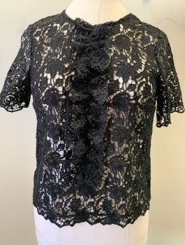 Womens, Dress, Piece 1, ZARA, Black, Polyester, Solid, Medium, 38B, Pull Over Top, Short Sleeve, Lace Floral, See Through, Ruffle at Center Front, Button Attached at Center Back