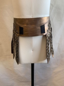 Unisex, Historical Fiction Belt, NL, Bronze Metallic, Leather, OS, Small Silver Plates, Fringe, Lace Up Back