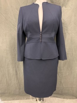 TAHARI, Navy Blue, White, Polyester, Viscose, Stripes - Pin, Snap Front with Metal Bubble "Buttons", No Collar, Double Angled Waistband