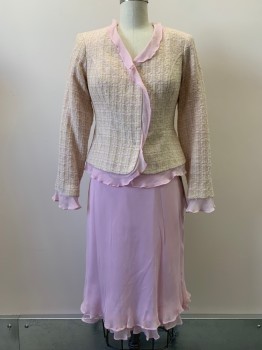 Womens, Suit, Jacket, BOBBIE BEE, Lt Pink, Beige, White, Acrylic, Polyester, 2 Color Weave, 4, L/S, Button Front, V Neck, Sheer Flared Trim,
