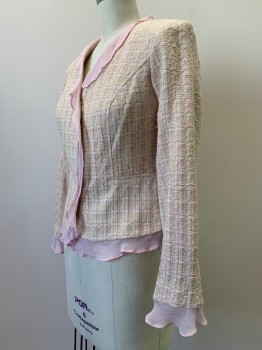 BOBBIE BEE, Lt Pink, Beige, White, Acrylic, Polyester, 2 Color Weave, L/S, Button Front, V Neck, Sheer Flared Trim,