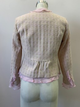 Womens, Suit, Jacket, BOBBIE BEE, Lt Pink, Beige, White, Acrylic, Polyester, 2 Color Weave, 4, L/S, Button Front, V Neck, Sheer Flared Trim,