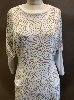 Timely Friends, White, Tan Brown, Polyester, Cotton, Animal Print, L/S, CN, Ribbed Sleeves, Top Pockets, Pullover