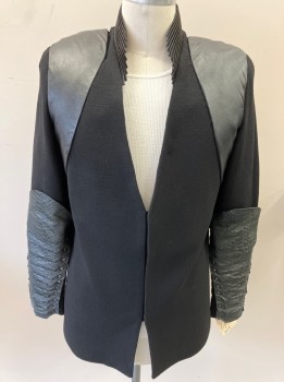 Mens, Jacket, MTO, Black, Wool, Leather, Solid, C42, Wool Crepe, SB. Skirt Hook N Eye Closures, No Lapel, Multi Layered Zipper Teeth Embellished Stand Collar, Leather Insets On Shoulders & Armseye, Attached Pleated Reptilian Gauntlets, Zipper Cuffs