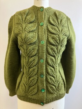 N/L, Green, Cable Knit With Leaf Detail, CN, L/S, B.F., Cardigan