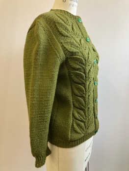 Womens, Sweater, N/L, B: 34, Green, Cable Knit With Leaf Detail, CN, L/S, B.F., Cardigan