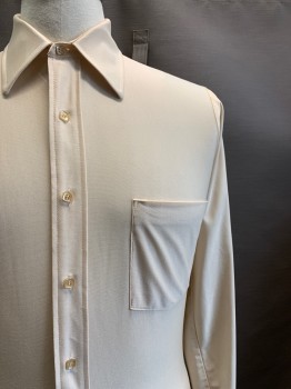 VAN HEUSEN, Cream, Nylon, Solid, L/S, Button Front, Collar Attached, Chest Pocket
