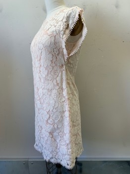 VINCE CAMUTO, Ballet Pink, Nylon, Cotton, Floral, Sleeveless, Wide Neck, Full Lace With Crochet Detail Trim, Back Zipper,