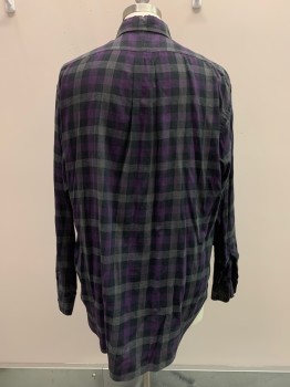 RALPH LAUREN, Charcoal Gray, Black, Purple, Cotton, Plaid, L/S, Button Front, Collar Attached, Chest Pocket