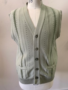 Mens, Vest, MAX FERRE, Sage Green, Olive Green, Acrylic, Solid, Stripes - Vertical , C:44, Knit, V-Neck, Button Front with Unusual Clear Buttons with Black Stripes, 2 Patch Pockets