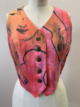 Womens, Vest, NO LABEL, Pink, Red, Orange, Black, Cotton, Polyester, Abstract , B: 34, M, Button Front, V Neck, Made To Order,