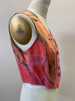 NO LABEL, Pink, Red, Orange, Black, Cotton, Polyester, Abstract , Button Front, V Neck, Made To Order,