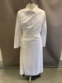 HISTORICAL EMPORIUM, White, Cotton, Solid, Stand Collar, Single Breasted, Buttons Down Right Front, Belted Back, Hem Below Knee, Multiples