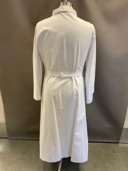 HISTORICAL EMPORIUM, White, Cotton, Solid, Stand Collar, Single Breasted, Buttons Down Right Front, Belted Back, Hem Below Knee, Multiples