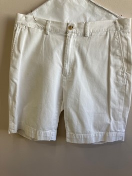 Mens, Shorts, POLO, White, Cotton, Solid, 32, Twill, F.F, Zip Front, Belt Loops, 5 Pckts, **Some Small Brown Stains Front