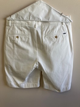 Mens, Shorts, POLO, White, Cotton, Solid, 32, Twill, F.F, Zip Front, Belt Loops, 5 Pckts, **Some Small Brown Stains Front