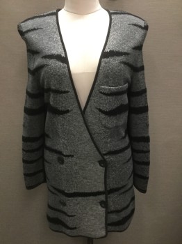 N/L, Gray, Black, Lt Gray, Acrylic, Animal Print, Grey Tiger Stripes, 4 Buttons, Double Breasted, 1 Patch Pocket, Shoulder Pads, Working Girl,