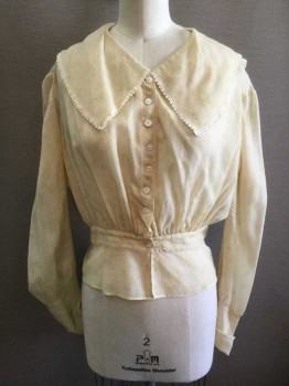 N/L, Lt Yellow, Yellow, White, Cotton, Lace, Floral, Calico Floral Cotton, Long Sleeve Button Front, Large Round Collar with White Lace Trim, Lace Trim At Cuffs, 1.5" Wide Self Waistband with Gathered Peplum Bottom, **Mended In Several Spots  - Center Front Waistband, Right Cuff,