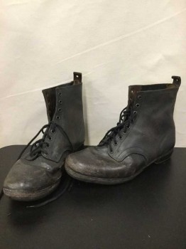 Mens, Boots 1890s-1910s, N/L, Dk Brown, Leather, Solid, 11, Aged/Distressed,  Ankle High, Cap Toe, Lace Up,