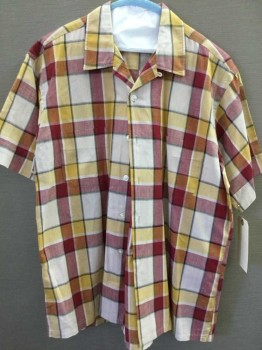 CRANBROOK, Blush Pink, Red, Mustard Yellow, Black, Cotton, Plaid, Short Sleeve,  Button Front, Collar Attached,  2 Pockets,