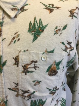 Mens, Casual Shirt, MATIX, Khaki Brown, Forest Green, Brown, Tan Brown, Cotton, Novelty Pattern, XL, Flannel Cotton with Gaming Print of Forests, Geese, Dear and Boar. Long Sleeves, Button Front, Collar Attached, 2 Pocket   Multiple