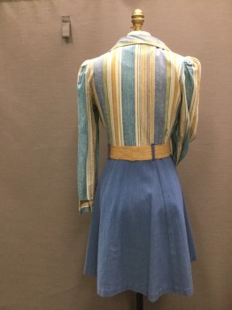 MILLENE, Cream, Lt Blue, Lime Green, Butter Yellow, Black, Poly/Cotton, Stripes, Solid, Wide Collar, Button Front, Long Sleeves, Striped Shirt Upper with Blue Skirt Lower with Matching Light Tan Burlap & Leather Belt